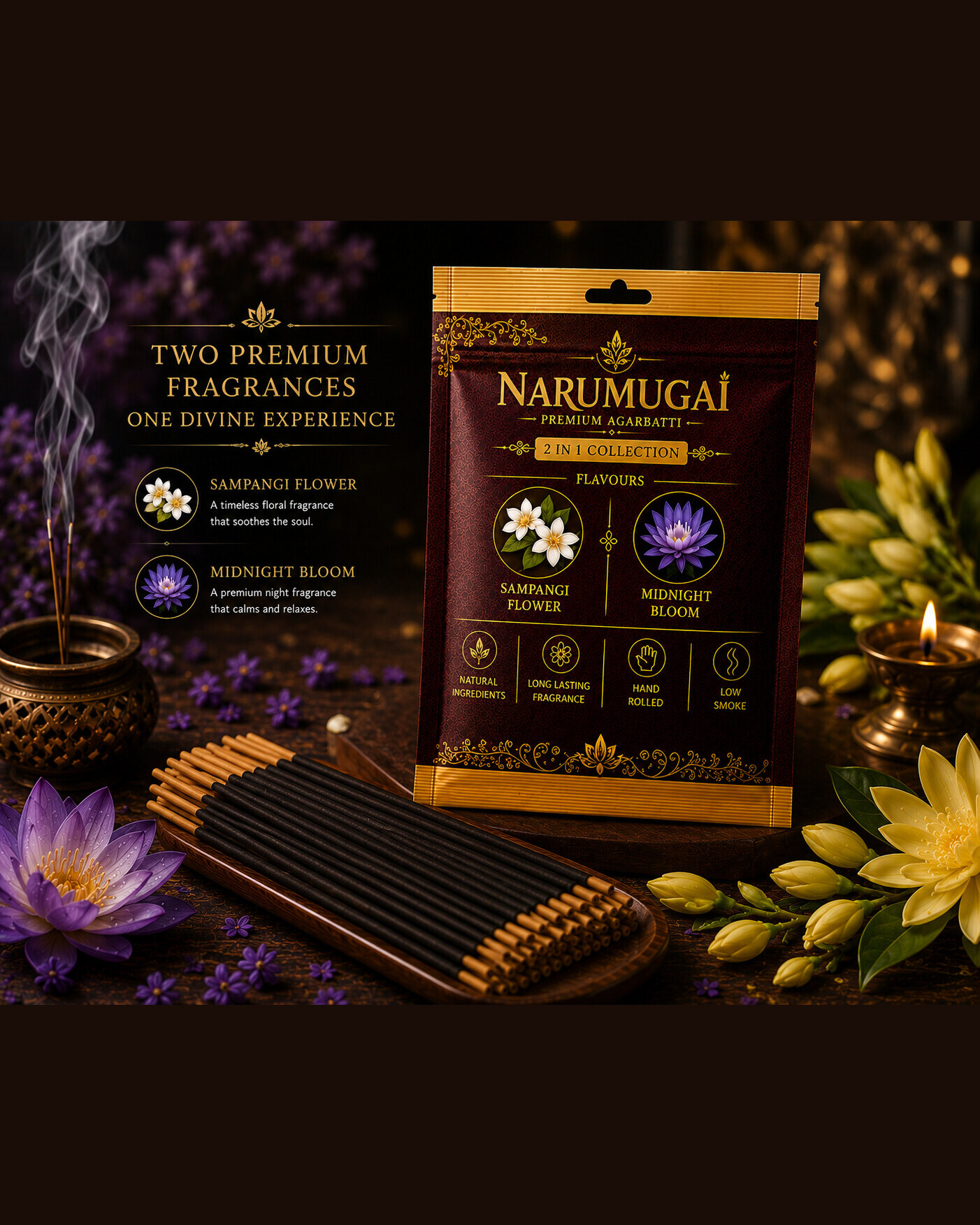 Narumugai Premium Agarbatti jasmine incense sticks arranged elegantly